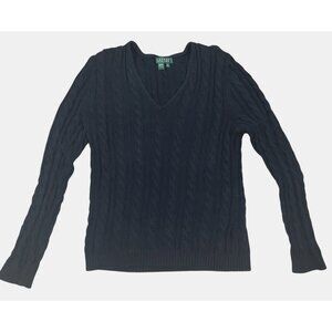 Lauren Ralph Lauren Womens Black Cable Knit V-Neck Sweater XL Comfort Warm Style